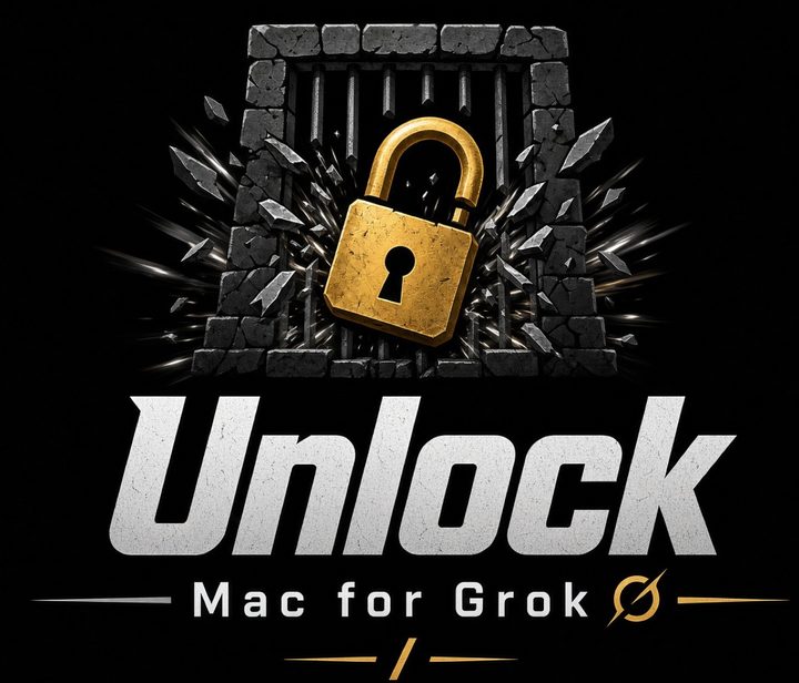 Unlock — Mac for Grok logo: a gold padlock breaking out of a stone cell